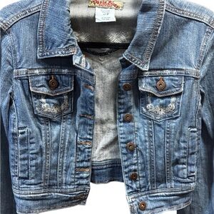 Vintage Paris Blues Beige and Black Denim Jacket with Embroidery Women’s Small